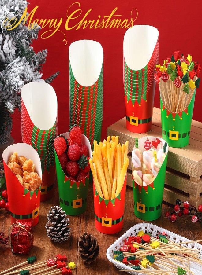 Jingmore 150 Pcs Christmas Charcuterie Cups Xmas Paper French Fries Holder with Xmas Fruit Cocktail Picks 14oz Disposable Party Snack Cups Appetizer Cups for Christmas Party(Elf) - Image 4